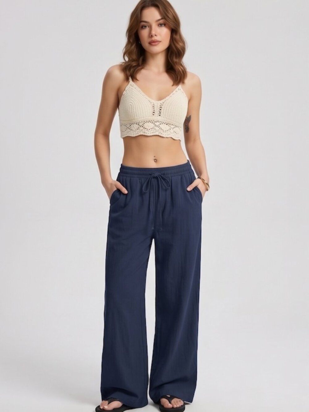 Cotton Drawstring Wide Leg Pant Blue
